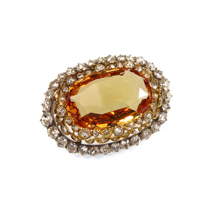 Large golden topaz and diamond cluster brooch | MasterArt